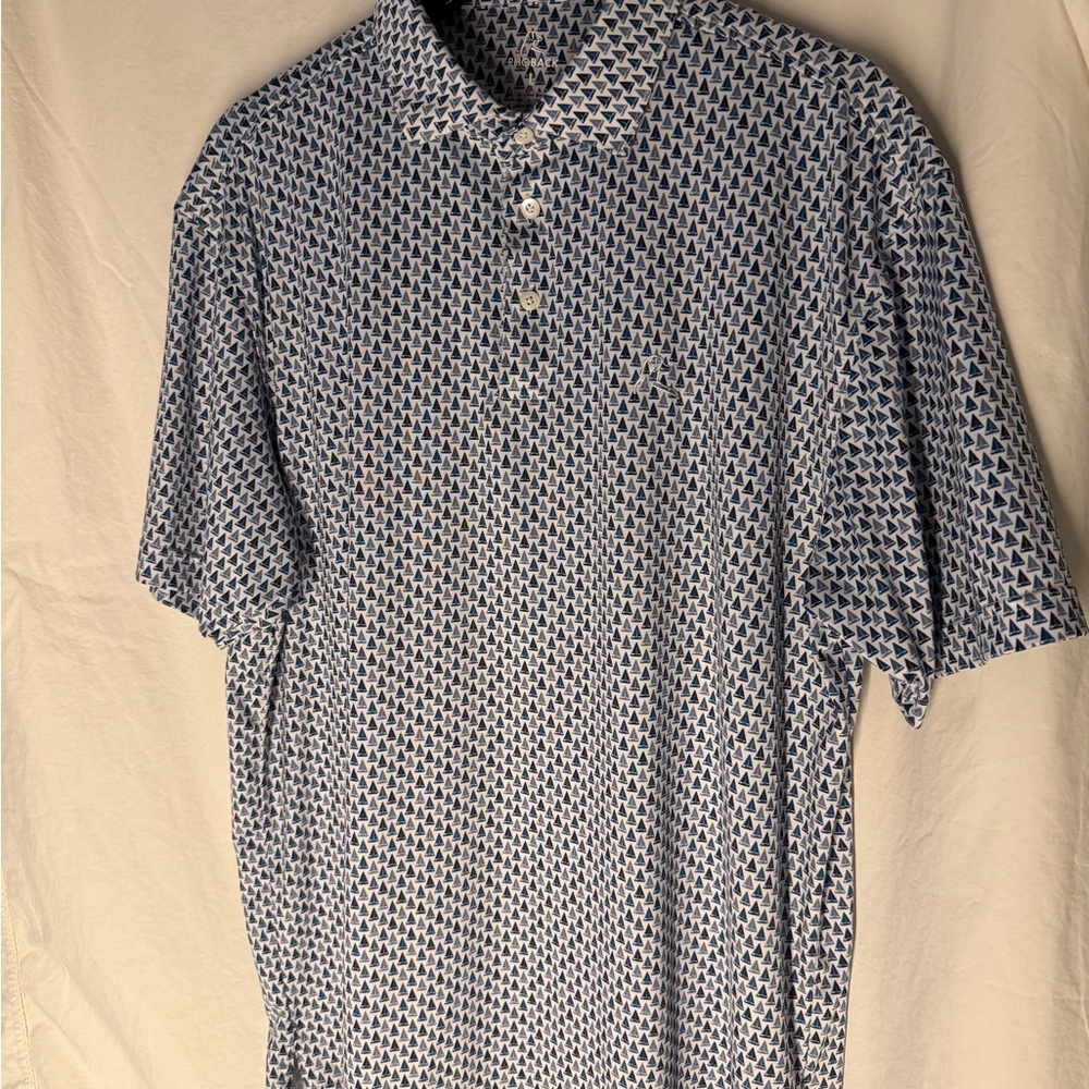 Rhoback Blue and White Polo Shirt with Geometric Pattern and Short Sleeves